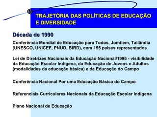 TRAJETÓRIA DAS POLÍTICAS DE EDUCAÇÃO E DIVERSIDADE Década de 1990 Referenciais Curriculares Nacionais da Educação Escolar Indígena Plano Nacional de Educação Lei de Diretrizes Nacionais da Educação Nacional/1996 - visibilidade  da Educação Escolar Indígena, da Educação de Jovens e Adultos  (modalidades da educação básica) e da Educação do Campo Conferência Nacional Por uma Educação Básica do Campo Conferência Mundial de Educação para Todos, Jomtiem, Tailândia (UNESCO, UNICEF, PNUD, BIRD), com 155 países representados 