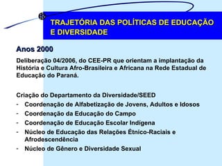 TRAJETÓRIA DAS POLÍTICAS DE EDUCAÇÃO E DIVERSIDADE Anos 2000 Deliberação 04/2006, do CEE-PR que orientam a implantação da História e Cultura Afro-Brasileira e Africana na Rede Estadual de  Educação do Paraná. Criação do Departamento da Diversidade/SEED Coordenação de Alfabetização de Jovens, Adultos e Idosos Coordenação da Educação do Campo Coordenação de Educação Escolar Indígena Núcleo de Educação das Relações Étnico-Raciais e Afrodescendência Núcleo de Gênero e Diversidade Sexual 