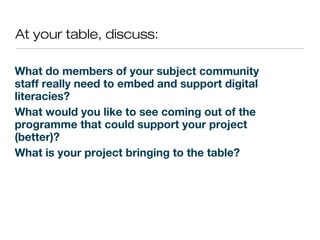 At your table, discuss:
What do members of your subject community
staff really need to embed and support digital
literacies?
What would you like to see coming out of the
programme that could support your project
(better)?
What is your project bringing to the table?
 