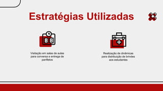 Realização de dinâmicas
para distribuição de brindes
aos estudantes
Estratégias Utilizadas
Visitação em salas de aulas
para conversa e entrega de
panfletos
 