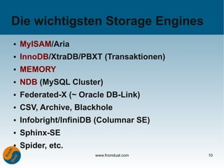 Die wichtigsten Storage Engines
●   MyISAM/Aria
●   InnoDB/XtraDB/PBXT (Transaktionen)
●   MEMORY
●   NDB (MySQL Cluster)
●   Federated-X (~ Oracle DB-Link)
●   CSV, Archive, Blackhole
●   Infobright/InfiniDB (Columnar SE)
●   Sphinx-SE
●   Spider, etc.
                       www.fromdual.com   10
 