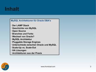 Inhalt
  MySQL Architekturen für Oracle DBA's
  ➢
    Der LAMP Stack
  ➢
    Geschichte von MySQL
  ➢
    Open Source
  ➢
    Branches und Forks
  ➢
    Wechsel von Oracle?
  ➢
    MySQL Architektur
  ➢
    Pluggable Storage Engines
  ➢
    Unterschiede zwischen Oracle und MySQL
  ➢
    Scale-Up vs. Scale-Out
  ➢
    HA Lösungen
  ➢
    Architekturen aus der Praxis




                            www.fromdual.com   2
 