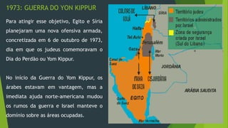 1973: GUERRA DO YON KIPPUR 
Para atingir esse objetivo, Egito e Síria 
planejaram uma nova ofensiva armada, 
concretizada em 6 de outubro de 1973, 
dia em que os judeus comemoravam o 
Dia do Perdão ou Yom Kippur. 
No início da Guerra do Yom Kippur, os 
árabes estavam em vantagem, mas a 
imediata ajuda norte-americana mudou 
os rumos da guerra e Israel manteve o 
domínio sobre as áreas ocupadas. 
 