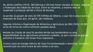 No último conflito {1914), 360 fábricas e oficinas foram riscadas do mapa, segundo 
a Federação das Indústrias de Gaza. Entre as restantes, a maioria teve de 
suspender a produção devido à chuva de bombas. 
As perdas já passam de mais de 570 milhões de dólares, o que não é pouco para as 
empresas de Gaza que, em geral, são modestas. 
Segundo informa a Organização de Alimentos e Agricultura da ONU (FAO), 42.000 
acres de terras de cultivo sofreram pesados danos. 
Metade da criação de aves foi perdida devido aos bombardeios ou pela 
impossibilidade de os agricultores prestarem cuidados, já que o acesso às granjas 
próximas à fronteira com Israel ficou impossível. 
A única usina de energia elétrica de Gaza foi bombardeada e destruída. Somente a 
reconstrução da usina levará de seis meses a um ano. 
 