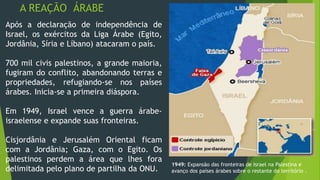A REAÇÃO ÁRABE 
Após a declaração de independência de 
Israel, os exércitos da Liga Árabe (Egito, 
Jordânia, Síria e Líbano) atacaram o país. 
700 mil civis palestinos, a grande maioria, 
fugiram do conflito, abandonando terras e 
propriedades, refugiando-se nos países 
árabes. Inicia-se a primeira diáspora. 
Em 1949, Israel vence a guerra árabe-israelense 
e expande suas fronteiras. 
Cisjordânia e Jerusalém Oriental ficam 
com a Jordânia; Gaza, com o Egito. Os 
palestinos perdem a área que lhes fora 
delimitada pelo plano de partilha da ONU. 
1949: Expansão das fronteiras de Israel na Palestina e 
avanço dos países árabes sobre o restante do território . 
 