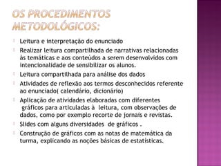  Leitura e interpretação do enunciado
 Realizar leitura compartilhada de narrativas relacionadas
às temáticas e aos conteúdos a serem desenvolvidos com
intencionalidade de sensibilizar os alunos.
 Leitura compartilhada para análise dos dados
 Atividades de reflexão aos termos desconhecidos referente
ao enunciado( calendário, dicionário)
 Aplicação de atividades elaboradas com diferentes
 gráficos para articuladas à  leitura, com observações de
dados, como por exemplo recorte de jornais e revistas.
 Slides com alguns diversidades  de gráficos .
 Construção de gráficos com as notas de matemática da
turma, explicando as noções básicas de estatísticas.
 