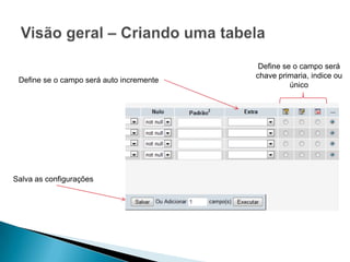 Define se o campo será
                                          chave primaria, indice ou
 Define se o campo será auto incremente
                                                    único




Salva as configurações
 