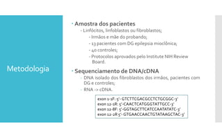 Metodologia
 Amostra dos pacientes
- Linfócitos, linfoblastos ou fibroblastos;
- Irmãos e mãe do probando;
- 13 pacientes com DG epilepsia mioclônica;
- 40 controles;
- Protocolos aprovados pelo Institute NIH Review
Board.
 Sequenciamento de DNA/cDNA
- DNA isolado dos fibroblastos dos irmãos, pacientes com
DG e controles;
- RNA -> cDNA.
exon 1-1F: 5’- GTCTTCGACGCCTCTGCGGC-3’
exon 12-1R: 5’-CAACTCATGGGTATTGCC-3’
exon 12-8F: 5’-GGTAGCTTCATCCAATATATC-3’
exon 12-2R 5’- GTGAACCAACTGTATAAGCTAC-3’
 