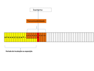 Período de incubação ou exposição
Transmissibilidade
Exantema
 