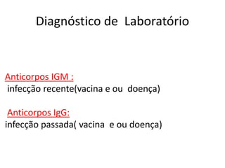 Diagnóstico de Laboratório
Anticorpos IGM :
infecção recente(vacina e ou doença)
Anticorpos IgG:
infecção passada( vacina e ou doença)
 
