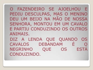   ESTÁ LENDA TEM ORIGEM DESCONHECIDA.  ELA SERIA UM MULA QUE SOLTA FOGO PELO PESCOÇO LOCAL ONDE DEVERIA ESTAR SUA CABEÇA, POSSUI EM SEUS CASCOS FERRADURAS QUE SÃO DE PRATA OU DE AÇO E SUA COR É MARROM OU PRETA. 