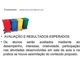 
AVALIAÇÃO E RESULTADOS ESPERADOS

Os alunos serão avaliados mediante ao
desempenho, interesse, criatividade, participação
nas atividades desenvolvidas em sala de aula e na
pratica se houve assimilação do conteúdo proposto.
Futuramente: MODELO DE COLETORES DE LIXO
 