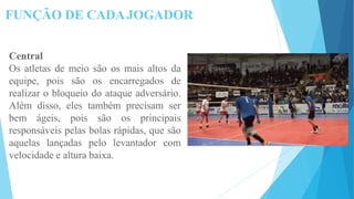 FUNÇÃO DE CADAJOGADOR
Central
Os atletas de meio são os mais altos da
equipe, pois são os encarregados de
realizar o bloqueio do ataque adversário.
Além disso, eles também precisam ser
bem ágeis, pois são os principais
responsáveis pelas bolas rápidas, que são
aquelas lançadas pelo levantador com
velocidade e altura baixa.
 