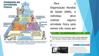 Para a
Organização Mundial
da Saúde (OMS), o
indivíduo deve
realizar alguma
atividade física pelo
menos três vezes por
semana, em seu
tempo livre, com
duração mínima de
30 minutos.
 