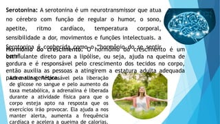 Serotonina: A serotonina é um neurotransmissor que atua
no cérebro com função de regular o humor, o sono,
apetite, ritmo cardíaco, temperatura corporal,
sensibilidade a dor, movimentos e funções intelectuais. a
Serotonina é conhecida como o “hormônio do se sentir
bem”
Hormônio do crescimento: O hormônio do crescimento é um
estimulante direto para a lipólise, ou seja, ajuda na queima de
gordura e é responsável pelo crescimento dos tecidos no corpo,
então auxilia as pessoas a atingirem a estatura adulta adequada
para a sua genética.
Adrenalina: Responsável pela liberação
de glicose no sangue e pelo aumento da
taxa metabólica, a adrenalina é liberada
durante a atividade física para que o
corpo esteja apto na resposta que os
exercícios irão provocar. Ela ajuda a nos
manter alerta, aumenta a frequência
cardíaca e acelera a queima de calorias,
 