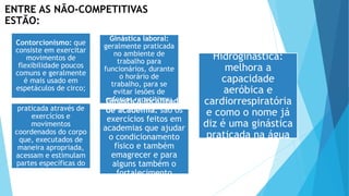 ENTRE AS NÃO-COMPETITIVAS
ESTÃO:
Contorcionismo: que
consiste em exercitar
movimentos de
flexibilidade poucos
comuns e geralmente
é mais usado em
espetáculos de circo;
Ginástica laboral:
geralmente praticada
no ambiente de
trabalho para
funcionários, durante
o horário de
trabalho, para se
evitar lesões de
esforços repetitivos;
Ginástica cerebral:
praticada através de
exercícios e
movimentos
coordenados do corpo
que, executados de
maneira apropriada,
acessam e estimulam
partes específicas do
cérebro;
Hidroginástica:
melhora a
capacidade
aeróbica e
cardiorrespiratória
e como o nome já
diz é uma ginástica
praticada na água
Ginástica localizada
de academia: são os
exercícios feitos em
academias que ajudar
o condicionamento
físico e também
emagrecer e para
alguns também o
fortalecimento
muscular;
 