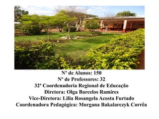 Nº de Alunos: 150
                 Nº de Professores: 32
       32ª Coordenadoria Regional de Educação
           Diretora: Olga Barcelos Ramires
    Vice-Diretora: Lilia Rosangela Acosta Furtado
Coordenadora Pedagógica: Morgana Bakalarczyk Corrêa
 