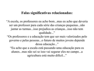 Falas significativas relacionadas:

“A escola, os professores eu acho bom...mas eu acho que deveria
  ser um professor para cada série das crianças pequenas...não
    juntar as turmas...isso prejudica as crianças...isso não tem
                            qualidade...”
“Os professores e a educação tem que ser mais valorizados pelo
  governo e pelas pessoas...o futuro de muitos jovens depende
                         dessa educação...”
   “Eu acho que a escala está passando uma educação para os
     alunos...mas não sei se isso vai segurar eles no campo...a
                  agricultura está muito difícil...”
 