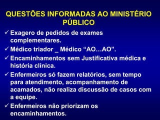 QUESTÕES INFORMADAS AO MINISTÉRIO
PÚBLICO
 Exagero de pedidos de exames
complementares.
 Médico triador _ Médico “AO…AO”.
 Encaminhamentos sem Justificativa médica e
história clínica.
 Enfermeiros só fazem relatórios, sem tempo
para atendimento, acompanhamento de
acamados, não realiza discussão de casos com
a equipe.
 Enfermeiros não priorizam os
encaminhamentos.
 