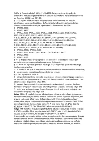 NOTA- V. Comunicado CAT 54/01, 23/10/2001. Esclaree sobre a alteração da
sistemática de substituição tributária de veículos automotores novos em decorrência
do Convênio ICMS 81, de 28-9-01.
§ 1º - O regime instituído neste artigo aplica-se exclusivamente aos veículos
classificados nos seguintes códigos da Nomenclatura Brasileira de Mercadorias -
Sistema Harmonizado - NBM/SH vigente em 31 de dezembro de 1996:
1 - 8702.90.0000;
2 - 8703.21.9900;
3 - 8703.22.0101, 8703.22.0199, 8703.22.0201, 8703.22.0299, 8703.22.0400,
8703.22.0501, 8703.22.0599 e 8703.22.9900;
4- 8703.23.0101, 8703.23.0199, 8703.23.0201, 8703.23.0299, 8703.23.0301,
8703.23.0399, 8703.23.0401, 8703.23.0499, 8703.23.0500, 8703.23.0700,
8703.23.1001, 8703.23.1002, 8703.23.1099 e 8703.23.9900;
5- 8703.24.0101, 8703.24.0199, 8703.24.0201, 8703.24.0299, 8703.24.0300,
8703.24.0500, 8703.24.0801, 8703.24.0899 e 8703.24.9900;
6 - 8703.32.0400 e 8703.32.0600;
7 - 8703.33.0200, 8703.33.0400, 8703.33.0600 e 8703.33.9900;
8 - 8704.21.0200;
9 - 8704.31.0200.
§ 2º - O disposto neste artigo aplica-se aos acessórios colocados no veículo por
estabelecimento responsável pelo pagamento do imposto.
§ 3º - Além das hipóteses previstas no artigo 264, o regime de que trata este artigo
também não se aplica:
1 - às remessas em que as mercadorias devam retornar ao estabelecimento remetente;
2 - aos acessórios colocados pelo revendedor do veículo.
§ 4º - Na hipótese do inciso IV:
1 - o imposto incidente na operação própria e nas subseqüentes será pago no período
de apuração em que tiver ocorrido a entrada da mercadoria no estabelecimento, com
observância do disposto no artigo 277;
2 - na saída da mercadoria do estabelecimento será emitido documento fiscal nos
termos do artigo 274 e escriturado o livro Registro de Saídas na forma do artigo 278;
3 - no tocante ao imposto pago de acordo com o item 1, aplicar-se-á o disposto no
inciso VI do artigo 63 e no artigo 269.
Artigo 301-A - O estabelecimento fabricante que efetuar a retenção do imposto, nos
termos desta subseção, deverá remeter a tabela dos preços sugeridos ao público, em
arquivo eletrônico, à Secretaria de Fazenda em até 10 (dez) dias após qualquer
alteração de preços, conforme disciplina por ela estabelecida (Convênio ICMS- 60/05,
cláusula primeira). (Acrescentado o art. 301-A pelo inciso II do art. 2° do Decreto
49.910 de 22-08-2005; DOE 23-08-2005; efeitos a partir de 23-08-2005)
Artigo 302 - Para fins de substituição tributária, a base de cálculo do imposto será (Lei
6.374/89, arts 28 e 28-A, na redação da Lei 9.794/97, arts. 1º e 2º; Convênio ICMS-
132/92, cláusula terceira, na redação do Convênio ICMS-83/96):
I - em relação aos veículos saídos, real ou simbolicamente, das montadoras ou de suas
concessionárias, o valor correspondente ao preço de venda a consumidor constante
em tabela estabelecida ou sugerida ao público por órgão competente ou, na falta
desta, em tabela sugerida pelo fabricante, acrescido do valor do frete, do Imposto
 