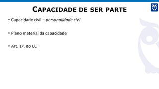 CAPACIDADE DE SER PARTE
• Capacidade civil – personalidade civil
• Plano material da capacidade
• Art. 1º, do CC
 