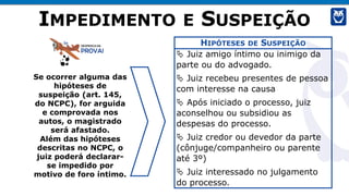HIPÓTESES DE SUSPEIÇÃO
 Juiz amigo íntimo ou inimigo da
parte ou do advogado.
 Juiz recebeu presentes de pessoa
com interesse na causa
 Após iniciado o processo, juiz
aconselhou ou subsidiou as
despesas do processo.
 Juiz credor ou devedor da parte
(cônjuge/companheiro ou parente
até 3º)
 Juiz interessado no julgamento
do processo.
Se ocorrer alguma das
hipóteses de
suspeição (art. 145,
do NCPC), for arguida
e comprovada nos
autos, o magistrado
será afastado.
Além das hipóteses
descritas no NCPC, o
juiz poderá declarar-
se impedido por
motivo de foro íntimo.
IMPEDIMENTO E SUSPEIÇÃO
 