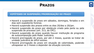 PRAZOS
• Haverá a suspensão do prazo em sábados, domingos, feriados e em
dias sem expediente forense.
• Haverá suspensão dos prazos entre os dias 20/dez a 20/jan.
• Haverá suspensão do prazo por obstáculo criado pela parte ou pela
suspensão do processo (art. 313, do CPC).
• Haverá suspensão do prazo quando houver instituição de programa
de autocomposição pelo Poder Judiciário.
• Haverá prorrogação do prazo, por até 2 meses, quando se tratar de
unidade judiciária de difícil acesso.
• Haverá prorrogação do prazo em situação de calamidade, podendo
ultrapassar os 2 meses a depender da situação concreta.
HIPÓTESES DE SUSPENSÃO/PRORROGAÇÃO DO PRAZO
 