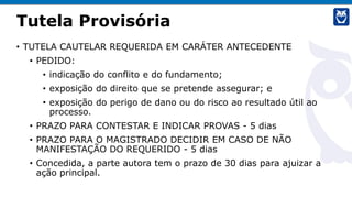 Tutela Provisória
• TUTELA CAUTELAR REQUERIDA EM CARÁTER ANTECEDENTE
• PEDIDO:
• indicação do conflito e do fundamento;
• exposição do direito que se pretende assegurar; e
• exposição do perigo de dano ou do risco ao resultado útil ao
processo.
• PRAZO PARA CONTESTAR E INDICAR PROVAS - 5 dias
• PRAZO PARA O MAGISTRADO DECIDIR EM CASO DE NÃO
MANIFESTAÇÃO DO REQUERIDO - 5 dias
• Concedida, a parte autora tem o prazo de 30 dias para ajuizar a
ação principal.
 