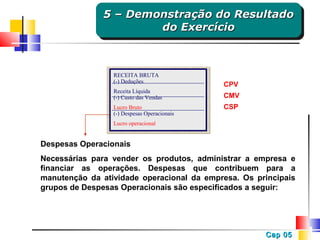 5 – Demonstração do Resultado
5 – Demonstração do Resultado
do Exercício
do Exercício

RECEITA BRUTA
(-) Deduções
Receita Líquida
(-) Custo das Vendas
Lucro Bruto
(-) Despesas Operacionais

CPV
CMV
CSP

Lucro operacional

Despesas Operacionais
Necessárias para vender os produtos, administrar a empresa e
financiar as operações. Despesas que contribuem para a
manutenção da atividade operacional da empresa. Os principais
grupos de Despesas Operacionais são especificados a seguir:

Cap 05

 