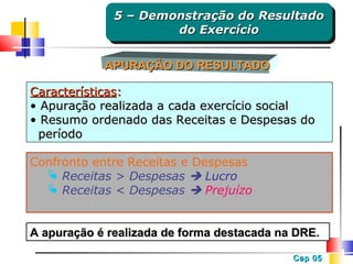 5 – Demonstração do Resultado
5 – Demonstração do Resultado
do Exercício
do Exercício
APURAÇÃO DO RESULTADO
Características:
• Apuração realizada a cada exercício social
• Resumo ordenado das Receitas e Despesas do
período
Confronto entre Receitas e Despesas
 Receitas > Despesas  Lucro
 Receitas < Despesas  Prejuízo
A apuração é realizada de forma destacada na DRE.
Cap 05

 