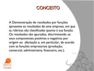 CONCEITO


A Demonstração de resultados por funções
apresenta os resultados de uma empresa, em que
as rúbricas são classificadas quanto à sua função.
Os resultados são apurados, discriminando os
seus componentes positivos e negativos por
origem ou afectação e, em particular, de acordo
com as funções empresariais (produção,
comercial, administrativa, financeira, etc.).




                                                     4
 