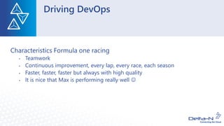 Driving DevOps
Characteristics Formula one racing
• Teamwork
• Continuous improvement, every lap, every race, each season
• Faster, faster, faster but always with high quality
• It is nice that Max is performing really well ☺
 