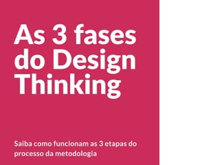 As 3 fases
do Design
Thinking
Saiba como funcionam as 3 etapas do
processo da metodologia
 