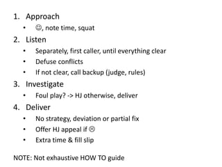 1. Approach
• , note time, squat
2. Listen
• Separately, first caller, until everything clear
• Defuse conflicts
• If not...