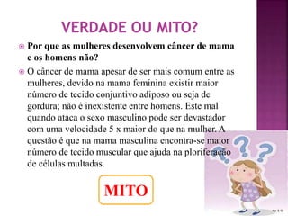  Por que as mulheres desenvolvem câncer de mama 
e os homens não? 
 O câncer de mama apesar de ser mais comum entre as 
mulheres, devido na mama feminina existir maior 
número de tecido conjuntivo adiposo ou seja de 
gordura; não é inexistente entre homens. Este mal 
quando ataca o sexo masculino pode ser devastador 
com uma velocidade 5 x maior do que na mulher. A 
questão é que na mama masculina encontra-se maior 
número de tecido muscular que ajuda na ploriferação 
de células multadas. 
MITO 
 