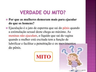  Por que as mulheres demoram mais para ejacular 
do que os homens? 
 Ejaculação é o jato de esperma que sai do pênis quando 
a estimulação sexual deste chega ao máximo. As 
meninas não ejaculam, o líquido que sai da vagina 
quando a mulher está excitada tem a função de 
lubrificar e facilitar a penetração e os movimentos 
do pênis. 
MITO 
 
