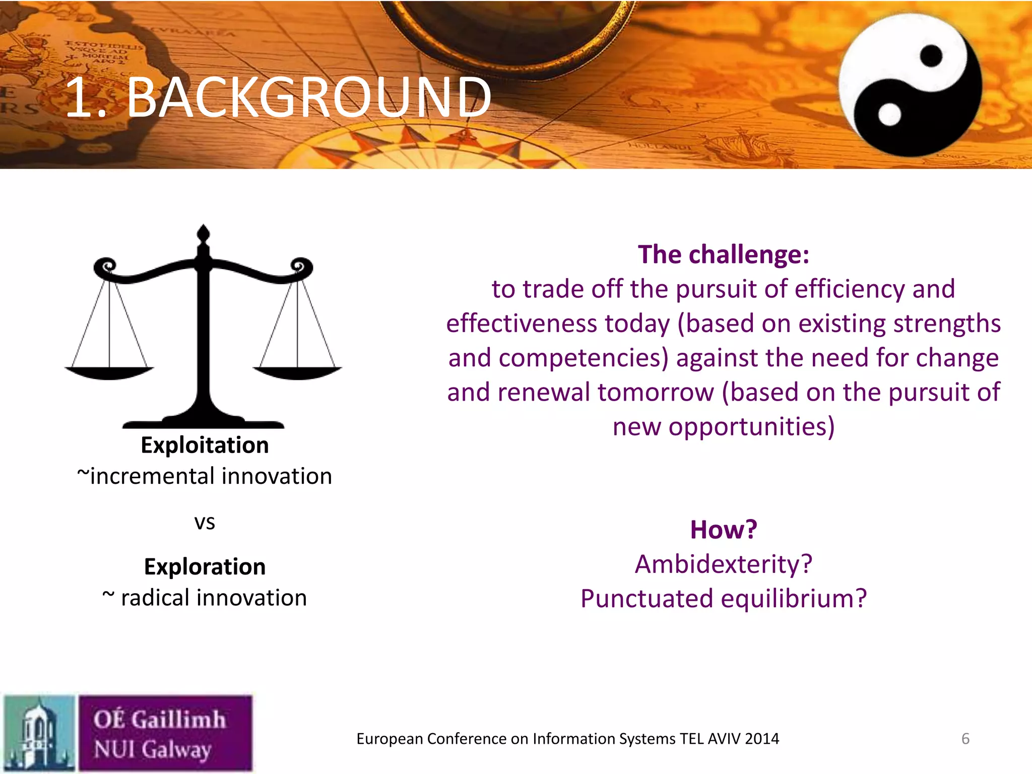 6
The challenge:
to trade off the pursuit of efficiency and
effectiveness today (based on existing strengths
and competencies) against the need for change
and renewal tomorrow (based on the pursuit of
new opportunities)
How?
Ambidexterity?
Punctuated equilibrium?
1. BACKGROUND
Exploitation
~incremental innovation
vs
Exploration
~ radical innovation
European Conference on Information Systems TEL AVIV 2014
 