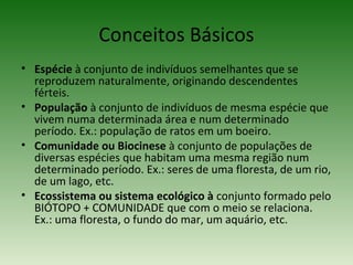 Conceitos Básicos
• Espécie à conjunto de indivíduos semelhantes que se
reproduzem naturalmente, originando descendentes
férteis.
• População à conjunto de indivíduos de mesma espécie que
vivem numa determinada área e num determinado
período. Ex.: população de ratos em um boeiro.
• Comunidade ou Biocinese à conjunto de populações de
diversas espécies que habitam uma mesma região num
determinado período. Ex.: seres de uma floresta, de um rio,
de um lago, etc.
• Ecossistema ou sistema ecológico à conjunto formado pelo
BIÓTOPO + COMUNIDADE que com o meio se relaciona.
Ex.: uma floresta, o fundo do mar, um aquário, etc.

 