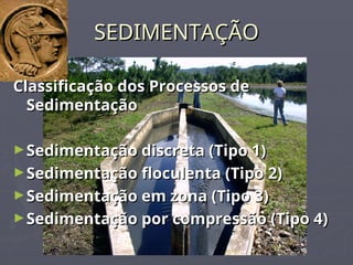 SEDIMENTAÇÃO
SEDIMENTAÇÃO
Classificação dos Processos de
Classificação dos Processos de
Sedimentação
Sedimentação
►Sedimentação discreta (Tipo 1)
Sedimentação discreta (Tipo 1)
►Sedimentação floculenta (Tipo 2)
Sedimentação floculenta (Tipo 2)
►Sedimentação em zona (Tipo 3)
Sedimentação em zona (Tipo 3)
►Sedimentação por compressão (Tipo 4)
Sedimentação por compressão (Tipo 4)
 