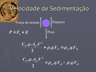 Peso
Empuxo
E
F
P a 

ol
p
ol
p
d
V
g
V
g
V
A
C
.
.
.
.
2
.
.
. 2





ol
ol
p
p
d
V
g
V
g
V
A
C
.
.
.
.
2
.
.
. 2





Velocidade de Sedimentação
Velocidade de Sedimentação
Força de arraste
 