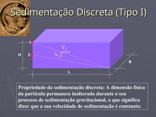 Sedimentação Discreta (Tipo I)
Sedimentação Discreta (Tipo I)
Propriedade da sedimentação discreta: A dimensão física
da partícula permanece inalterada durante o seu
processo de sedimentação gravitacional, o que significa
dizer que a sua velocidade de sedimentação é constante.
B
H
L
1
2
Vh
Vs
 