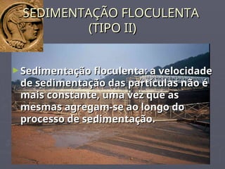 SEDIMENTAÇÃO FLOCULENTA
SEDIMENTAÇÃO FLOCULENTA
(TIPO II)
(TIPO II)
►Sedimentação floculenta: a velocidade
Sedimentação floculenta: a velocidade
de sedimentação das partículas não é
de sedimentação das partículas não é
mais constante, uma vez que as
mais constante, uma vez que as
mesmas agregam-se ao longo do
mesmas agregam-se ao longo do
processo de sedimentação.
processo de sedimentação.
 