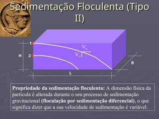 Sedimentação Floculenta (Tipo
Sedimentação Floculenta (Tipo
II)
II)
Propriedade da sedimentação floculenta: A dimensão física da
partícula é alterada durante o seu processo de sedimentação
gravitacional (floculação por sedimentação diferencial), o que
significa dizer que a sua velocidade de sedimentação é variável.
B
H
L
1
2
Vh
Vs
 