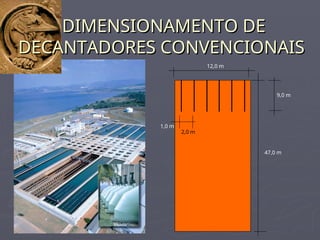 DIMENSIONAMENTO DE
DIMENSIONAMENTO DE
DECANTADORES CONVENCIONAIS
DECANTADORES CONVENCIONAIS
12,0 m
47,0 m
2,0 m
1,0 m
9,0 m
 