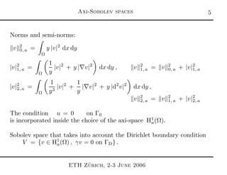 Axi-Sobolev spaces 
Norms and semi-norms:
v 2
0, a =
Ω
y |v|2
dx dy
|v|2
1, a =
Ω
1
y
|v|2
+ y |∇v|2
dx dy , v 2
1, a = v 2
0, a + |v|2
1, a
|v|2
2, a =
Ω
1
y3
|v|2
+
1
y
|∇v|2
+ y |d2
v|2
dx dy ,
v 2
2, a = v 2
1, a + |v|2
2, a
The condition u = 0 on Γ0
is incorporated inside the choice of the axi-space H1
a(Ω).
Sobolev space that takes into account the Dirichlet boundary condition
V = {v ∈ H1
a(Ω) , γv = 0 on ΓD} .
ETH Z¨urich, 2-3 June 2006
 