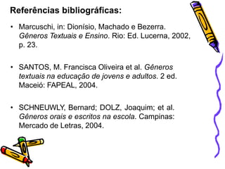 Referências bibliográficas:
• Marcuschi, in: Dionísio, Machado e Bezerra.
Gêneros Textuais e Ensino. Rio: Ed. Lucerna, 2002,
p. 23.
• SANTOS, M. Francisca Oliveira et al. Gêneros
textuais na educação de jovens e adultos. 2 ed.
Maceió: FAPEAL, 2004.
• SCHNEUWLY, Bernard; DOLZ, Joaquim; et al.
Gêneros orais e escritos na escola. Campinas:
Mercado de Letras, 2004.
 