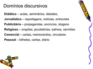 Didático – aulas, seminários, debates,
Jornalístico – reportagens, notícias, entrevista
Publicitário – propagandas, anúncios, slogans
Religioso – orações, jaculatórias, salmos, sermões
Comercial – cartas, memorandos, circulares
Pessoal – bilhetes, cartas, diário
Domínios discursivos
 