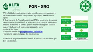 PGR - GRO
GRO e PGR são conceitos relacionados à gestão de riscos ocupacionais e
são de extrema importância para garantir a segurança e a saúde da sua
equipe.
O Gerenciamento de Riscos Ocupacionais (GRO) é um conjunto de medidas
preventivas que visam a identificar, avaliar e controlar os riscos presentes no
ambiente de trabalho, de forma a garantir um ambiente seguro e saudável
para os trabalhadores. O programa engloba ações como:
•Avaliação dos riscos;
•Adoção de medidas de proteção coletiva e individual;
•Treinamento e conscientização dos trabalhadores.
Já o PGR, ou Programa de Gerenciamento de Riscos, é um documento que
deve ser elaborado.
 