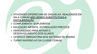  ATIVIDADES DIFERECIAM-SE DAQUELAS REALIZADAS EM
SALA COMUM NÃO SENDO SUBSTITUTIVAS À
ESCOLARIZAÇÃO
 COMPLEMENTA / SUPLEMENTA
 EDUCAÇÃO INFANTIL: ESTIMULAÇÃO PRECOCE
 ORAGANIZADO PARA APOIAR O
DESENVOLVIMENTO DOS ALUNOS
 OFERTA É OBRIGATÓRIA NOS SISTEMAS DE ENSINO
 TURNO INVERSO AO DA CLASSE COMUM
 