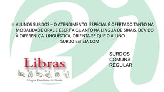  ALUNOS SURDOS – O ATENDIMENTO ESPECIAL É OFERTADO TANTO NA
MODALIDADE ORAL E ESCRITA QUANTO NA LINGUA DE SINAIS. DEVIDO
À DIFERENLÇA LINGUÍSTICA, ORIENTA-SE QUE O ALUNO
SURDO ESTEJA COM
OUTROS EM
TURMAS NA
ESCOLA
SURDOS
COMUNS
REGULAR
 